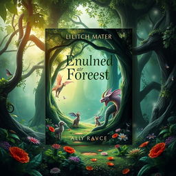 A captivating ebook cover featuring an enchanted forest with mystical creatures