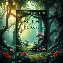 A captivating ebook cover featuring an enchanted forest with mystical creatures