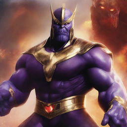 An epic and dramatic illustration featuring Thanos as the god of fire alongside the White Power Ranger as a god