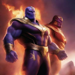 An epic and dramatic illustration featuring Thanos as the god of fire alongside the White Power Ranger as a god