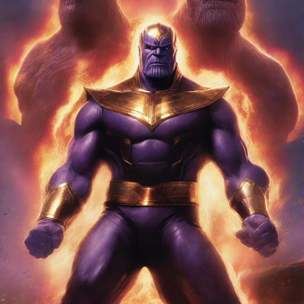 An epic and dramatic illustration featuring Thanos as the god of fire alongside the White Power Ranger as a god