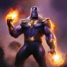 An epic and dramatic illustration featuring Thanos as the god of fire alongside the White Power Ranger as a god