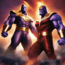 An epic and dramatic illustration featuring Thanos as the god of fire alongside the White Power Ranger as a god