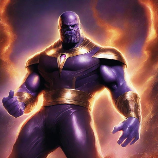 An epic and dramatic illustration featuring Thanos as the god of fire alongside the White Power Ranger as a god