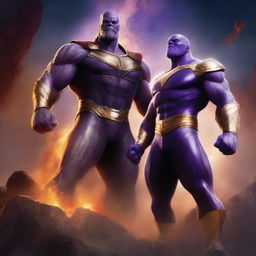 An epic and dramatic illustration featuring Thanos as the god of fire alongside the White Power Ranger as a god