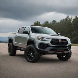 A bold, unconventional mix of Lamborghini's aggressive, sporty design and the robust, practical aesthetics of a GMC truck.