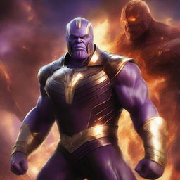 An epic and dramatic illustration featuring Thanos as the god of fire alongside the White Power Ranger as a god