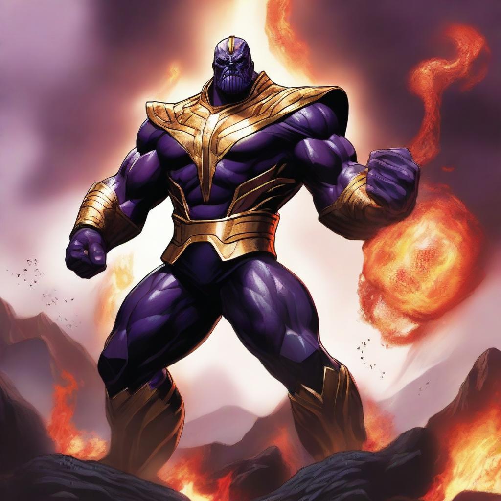 A powerful illustration featuring Thanos as the god of fire, surrounded by flames and wielding a fiery weapon