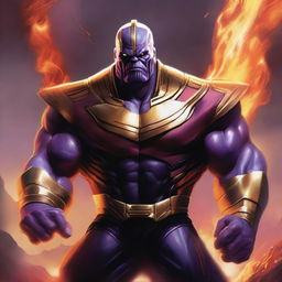 A powerful illustration featuring Thanos as the god of fire, surrounded by flames and wielding a fiery weapon