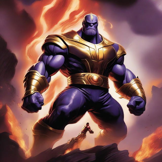 A powerful illustration featuring Thanos as the god of fire, surrounded by flames and wielding a fiery weapon