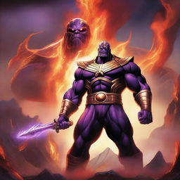 A powerful illustration featuring Thanos as the god of fire, surrounded by flames and wielding a fiery weapon