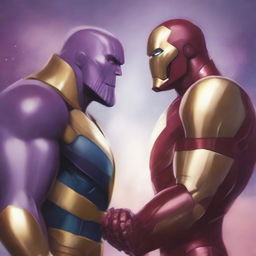 A whimsical and romantic illustration featuring Thanos and Ironman in love