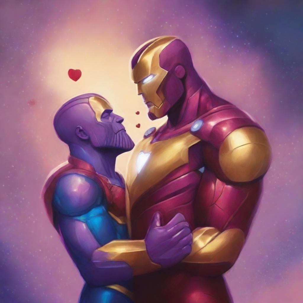 A whimsical and romantic illustration featuring Thanos and Ironman in love