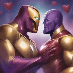 A whimsical and romantic illustration featuring Thanos and Ironman in love