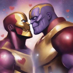 A whimsical and romantic illustration featuring Thanos and Ironman in love