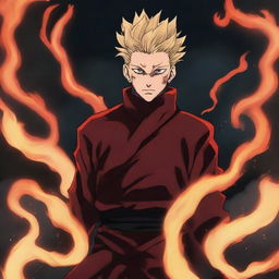 A stunning and dynamic illustration of Gojo Satoru depicted as the god of fire