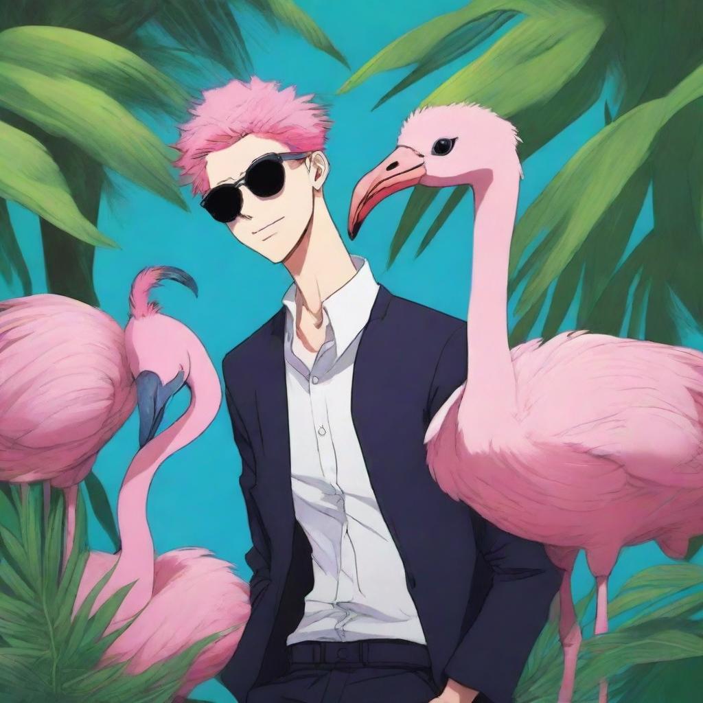 A fun and imaginative illustration featuring Gojo Satoru from Jujutsu Kaisen interacting with a flamingo