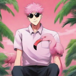 A fun and imaginative illustration featuring Gojo Satoru from Jujutsu Kaisen interacting with a flamingo