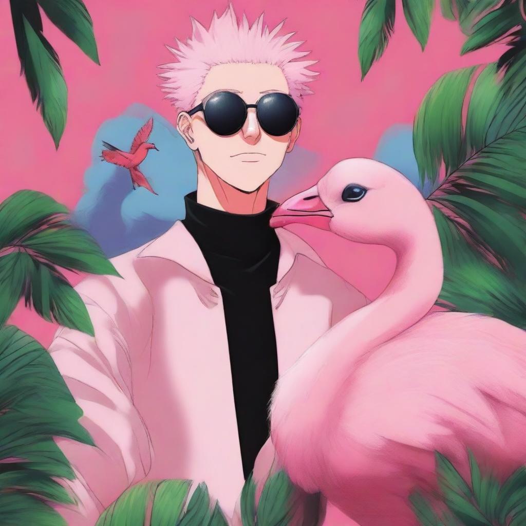 A fun and imaginative illustration featuring Gojo Satoru from Jujutsu Kaisen interacting with a flamingo