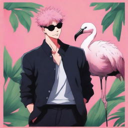 A fun and imaginative illustration featuring Gojo Satoru from Jujutsu Kaisen interacting with a flamingo