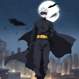 A creative illustration featuring Gojo Satoru from Jujutsu Kaisen dressed in a Batman-inspired costume