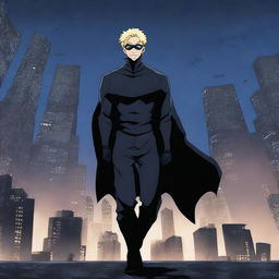 A creative illustration featuring Gojo Satoru from Jujutsu Kaisen dressed in a Batman-inspired costume