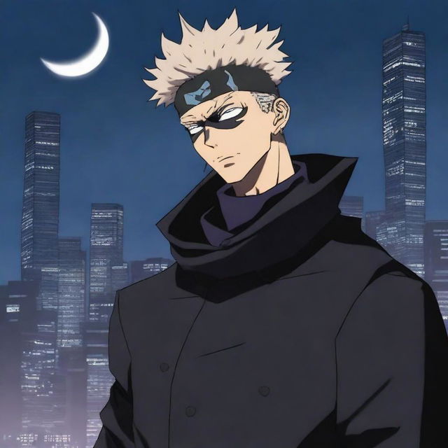 A creative illustration featuring Gojo Satoru from Jujutsu Kaisen dressed in a Batman-inspired costume