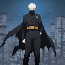 A creative illustration featuring Gojo Satoru from Jujutsu Kaisen dressed in a Batman-inspired costume