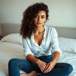 A 40-year-old brunette woman with curly hair up to her neck, sitting on a bed