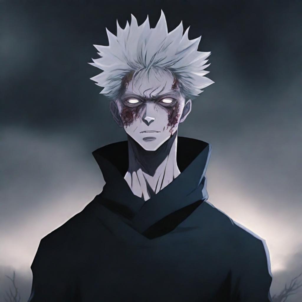 An eerie and intense illustration featuring Gojo Satoru as a zombie god
