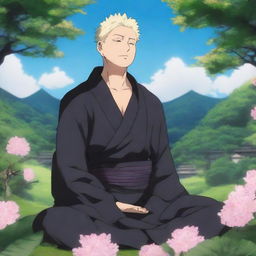 A serene and majestic illustration featuring Gojo Satoru from Jujutsu Kaisen depicted as a Buddha