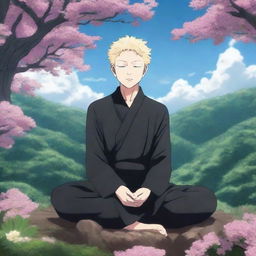 A serene and majestic illustration featuring Gojo Satoru from Jujutsu Kaisen depicted as a Buddha