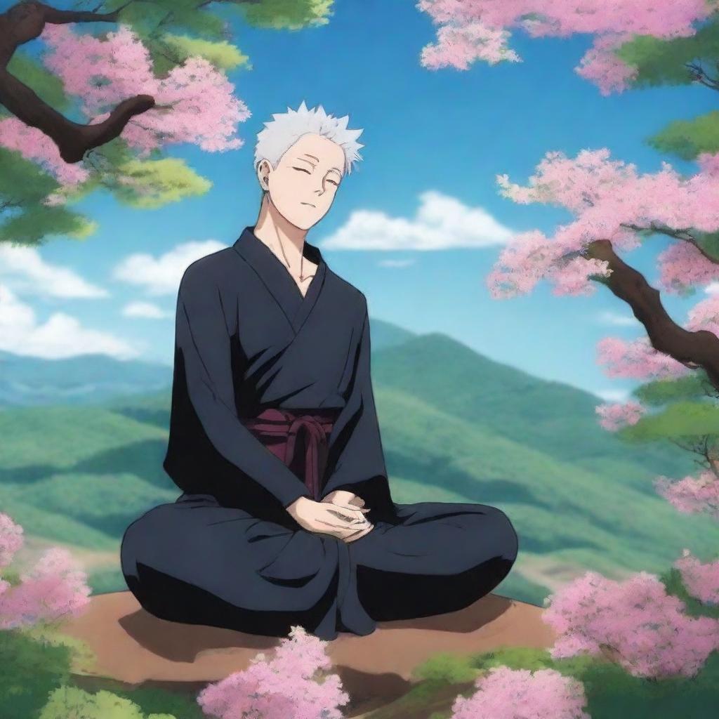 A serene and majestic illustration featuring Gojo Satoru from Jujutsu Kaisen depicted as a Buddha