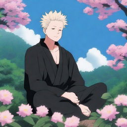 A serene and majestic illustration featuring Gojo Satoru from Jujutsu Kaisen depicted as a Buddha