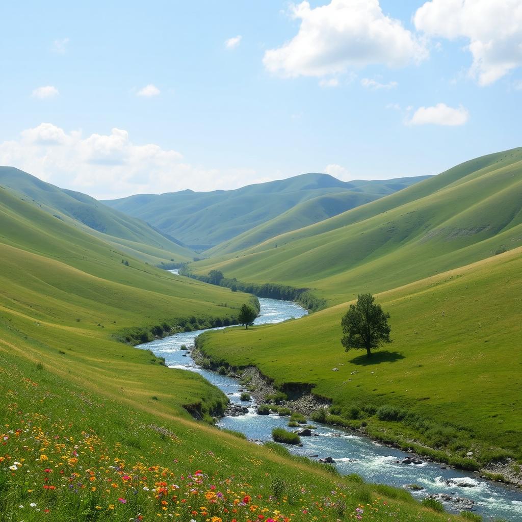 A serene landscape featuring a clear blue sky, rolling green hills, and a sparkling river flowing through the valley