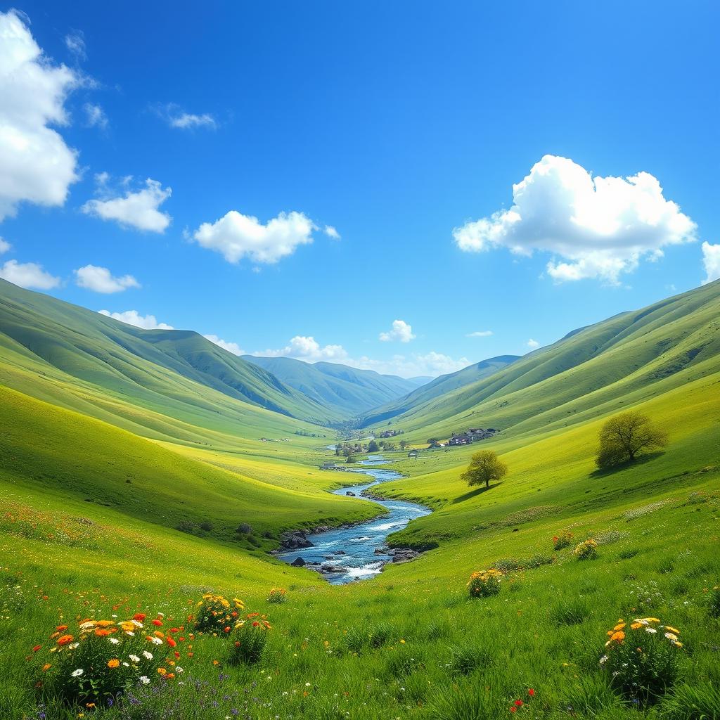 A serene landscape featuring a clear blue sky, rolling green hills, and a sparkling river flowing through the valley