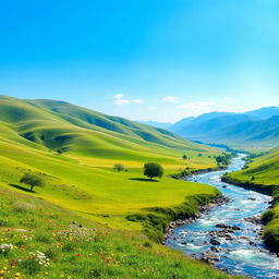 A serene landscape featuring a clear blue sky, rolling green hills, and a sparkling river flowing through the valley