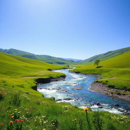 A serene landscape featuring a clear blue sky, rolling green hills, and a sparkling river flowing through the valley