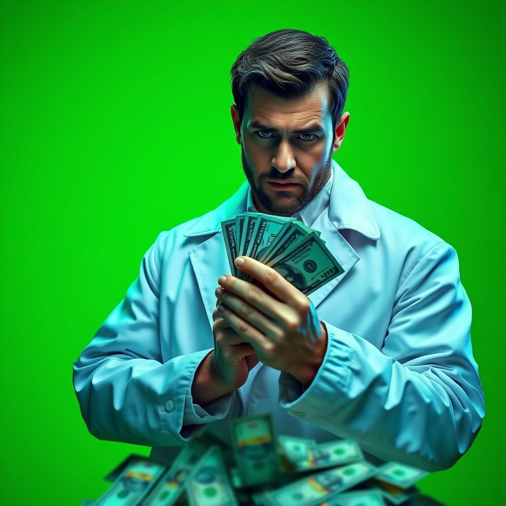 Create an ultra-realistic HD thumbnail featuring a man in a white coat holding money and looking directly at the camera