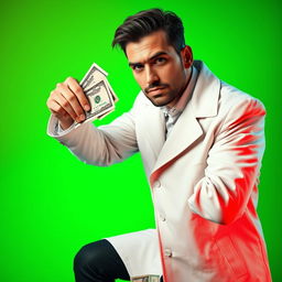 Create an ultra-realistic HD thumbnail featuring a man in a white coat holding money and looking directly at the camera