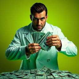 Create an ultra-realistic HD thumbnail featuring a man in a white coat holding money and looking directly at the camera