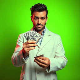 Create an ultra-realistic HD thumbnail featuring a man in a white coat holding money and looking directly at the camera