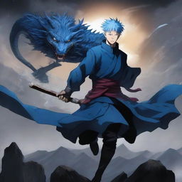 A dynamic and epic illustration featuring Gojo Satoru from Jujutsu Kaisen as a dragon warrior