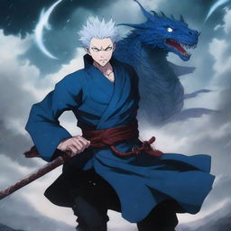 A dynamic and epic illustration featuring Gojo Satoru from Jujutsu Kaisen as a dragon warrior