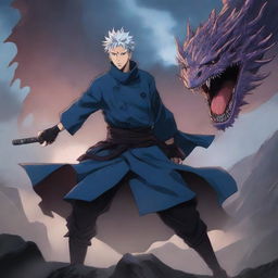 A dynamic and epic illustration featuring Gojo Satoru from Jujutsu Kaisen as a dragon warrior