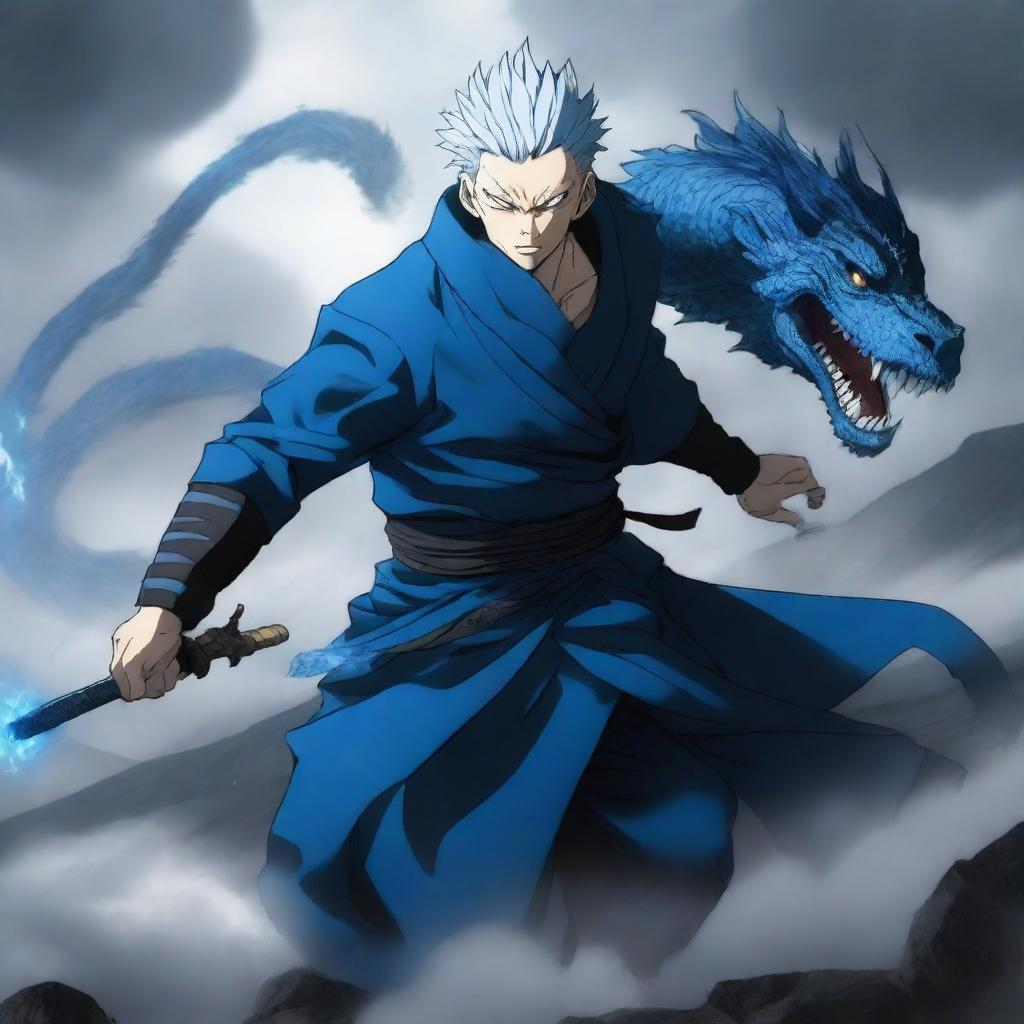 A dynamic and epic illustration featuring Gojo Satoru from Jujutsu Kaisen as a dragon warrior