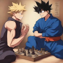 A captivating illustration featuring Gojo Satoru from Jujutsu Kaisen and Goku from Dragon Ball Z engaged in an intense chess match