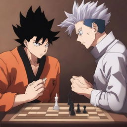 A captivating illustration featuring Gojo Satoru from Jujutsu Kaisen and Goku from Dragon Ball Z engaged in an intense chess match