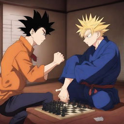 A captivating illustration featuring Gojo Satoru from Jujutsu Kaisen and Goku from Dragon Ball Z engaged in an intense chess match