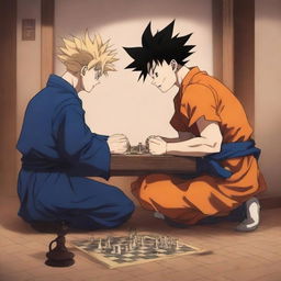 A captivating illustration featuring Gojo Satoru from Jujutsu Kaisen and Goku from Dragon Ball Z engaged in an intense chess match